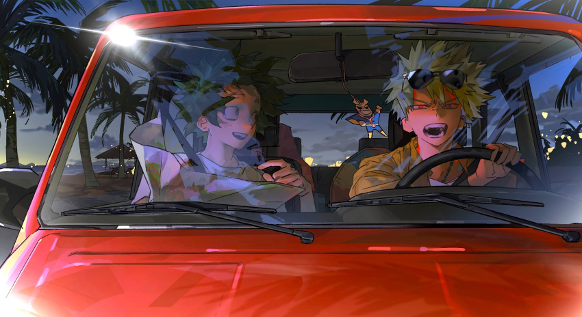 2boys all_might alternate_costume bakugou_katsuki beach beach_chair blonde_hair blue_sky boku_no_hero_academia brown_shirt car car_seat casual chair character_cutout chinese_commentary clouds collared_shirt driving evening eyes_visible_through_hair freckles furrowed_brow gradient_sky green_eyes green_hair grey_sky hand_up highres holding holding_map left-hand_drive looking_at_another looking_to_the_side lounge_chair male_focus map midoriya_izuku motor_vehicle multiple_boys open_clothes open_mouth open_shirt palm_tree pao_jiao_yu_pao_jiao red_car red_eyes reflection shirt short_hair sky smile spiky_hair steering_wheel string_of_light_bulbs t-shirt tree turning_head undershirt upper_body v-shaped_eyebrows water white_shirt