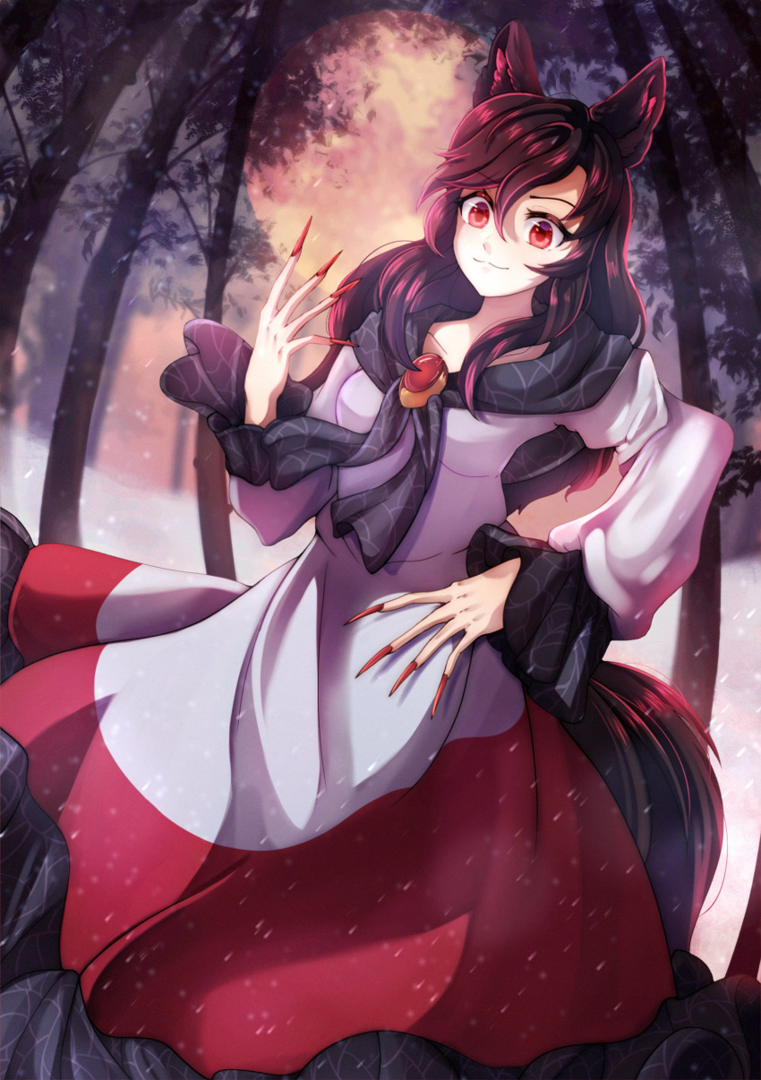 1girl absurdres animal_ears brown_hair closed_mouth commentary dress dungeon_toaster english_commentary fingernails forest hand_on_own_hip highres imaizumi_kagerou long_fingernails long_hair long_sleeves looking_at_viewer nature outdoors red_dress red_eyes red_nails solo tail touhou two-tone_dress white_dress wolf_ears wolf_girl wolf_tail