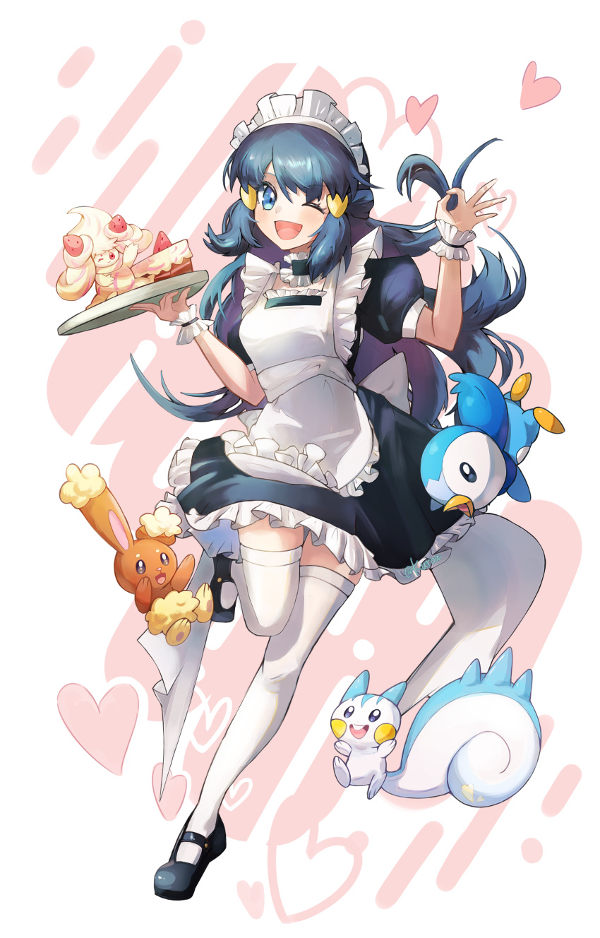 1girl ;d absurdres alcremie alternate_costume apron black_dress black_footwear blue_eyes buneary cake commentary_request dress enmaided eyelashes food frills hair_ornament hairclip heart highres hikari_(pokemon) kuroa_(pixiv_4681345) leg_up long_hair looking_at_viewer maid ok_sign one_eye_closed open_mouth pachirisu piplup pokemon pokemon_(anime) pokemon_dppt_(anime) shoes short_sleeves smile thigh-highs tray white_apron white_thighhighs