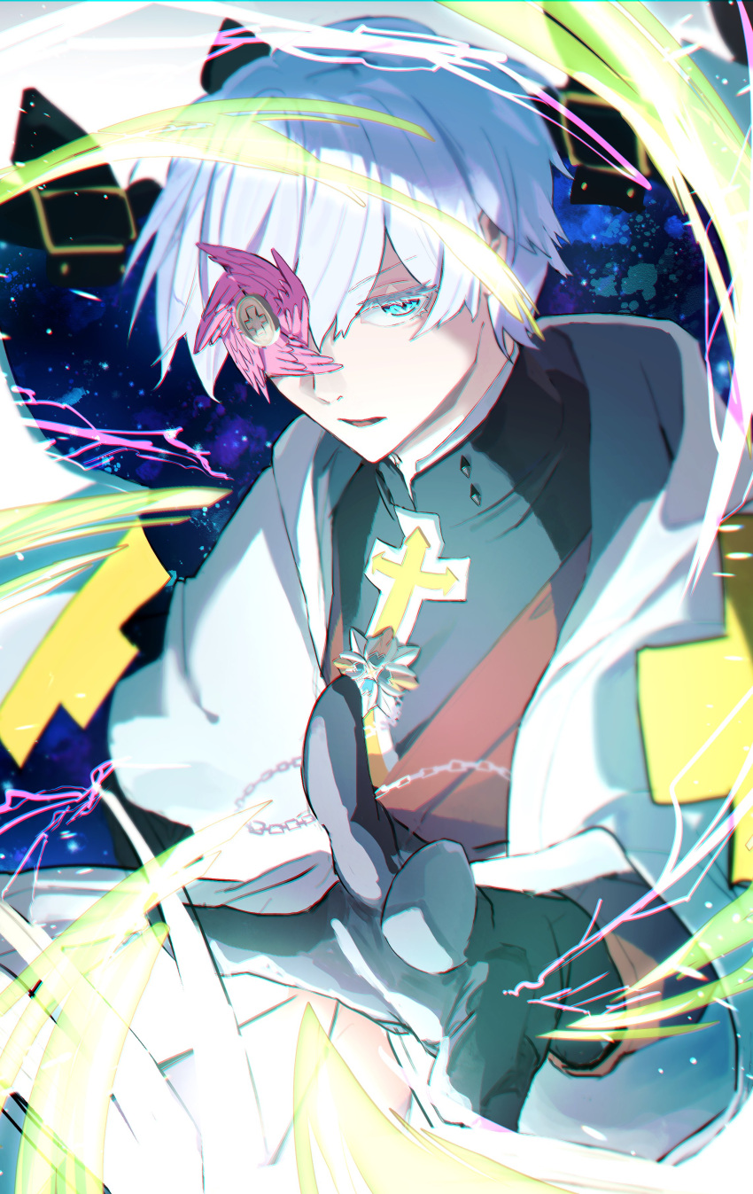 1boy absurdres aqua_eyes arere_r asuka_r._kreutz black_gloves book eyepatch gloves grimoire guilty_gear guilty_gear_strive highres long_sleeves looking_at_viewer male_focus open_book open_mouth paper short_hair upper_body white_hair