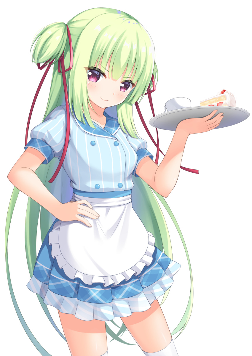 &gt;:) 1girl 7fuji_06 apron blue_shirt blue_skirt blunt_bangs blush breasts cafe_stella_to_shinigami_no_chou closed_mouth commentary company_connection cowboy_shot frilled_apron frilled_skirt frills green_hair hair_ribbon half_updo hand_on_own_hip hand_up highres hime_cut holding holding_tray long_hair looking_at_viewer miniskirt murasame_(senren) pinstripe_pattern pinstripe_shirt pleated_skirt puffy_short_sleeves puffy_sleeves red_ribbon ribbon senren_banka shirt short_sleeves sidelocks simple_background skirt small_breasts smile smug solo standing straight_hair striped thigh-highs tray two_side_up v-shaped_eyebrows very_long_hair violet_eyes waitress white_apron white_background white_thighhighs yuzu-soft zettai_ryouiki
