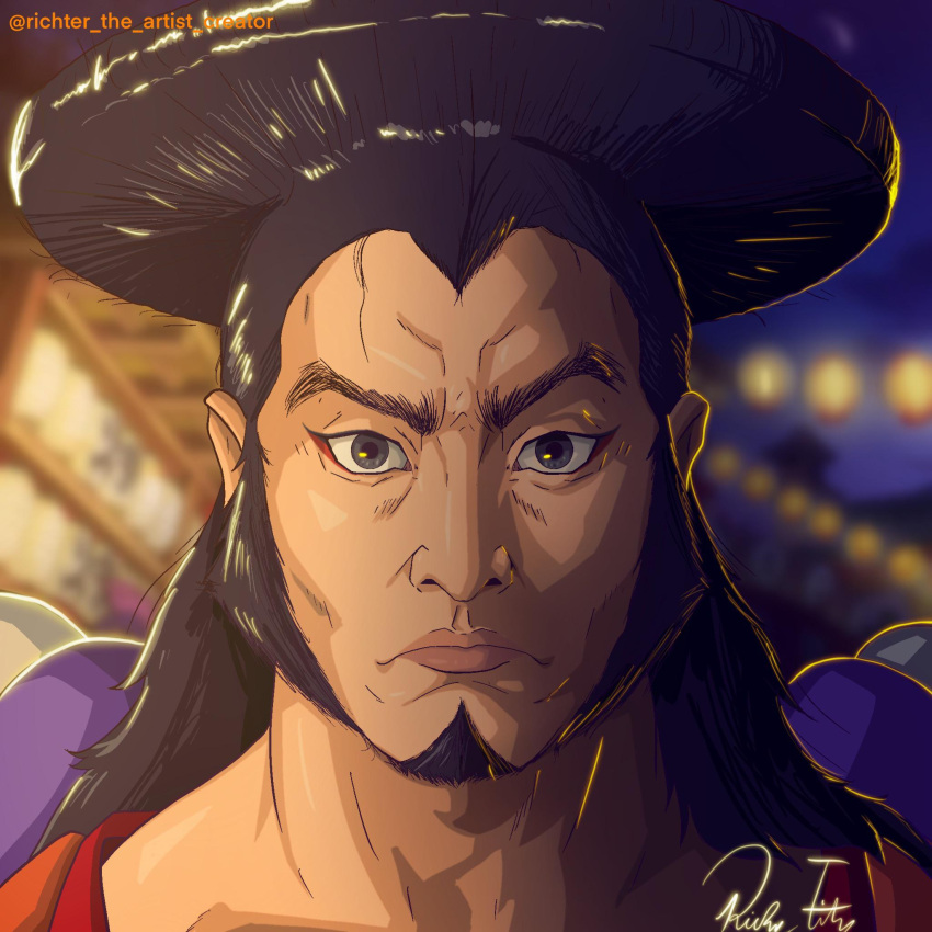 1boy artist_name black_hair closed_mouth facial_hair goatee highres kouzuki_oden long_hair looking_at_viewer male_focus one_piece richter_524 sideburns signature solo