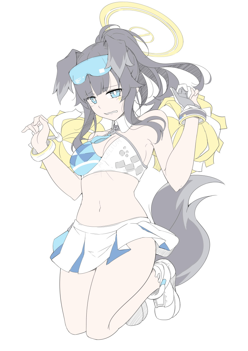 1girl absurdres animal_ears bad_id bad_twitter_id blue_archive cheerleader crop_top dog_ears dog_girl dog_tail eyewear_on_head facial_mark goggles goggles_on_head halo hibiki_(blue_archive) hibiki_(cheer_squad)_(blue_archive) highres holding holding_pom_poms masabodo millennium_cheerleader_outfit_(blue_archive) multiple_halos navel official_alternate_costume pom_pom_(cheerleading) skirt solo star_(symbol) star_facial_mark star_sticker sticker_on_face tail white_skirt yellow_halo