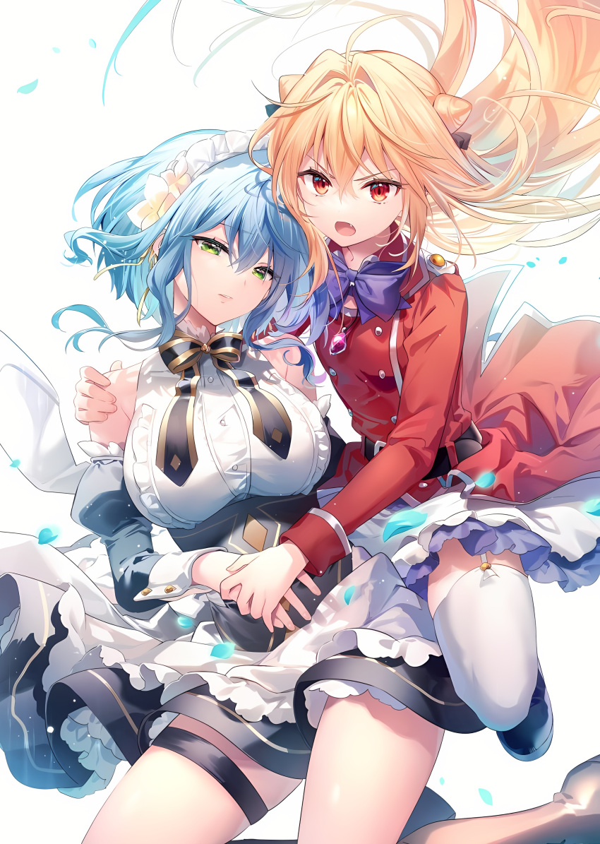 2girls absurdres blonde_hair blue_hair breasts fang green_eyes highres hikikomari_kyuuketsuki_no_monmon holding_hands huge_breasts long_hair looking_at_viewer maid md5_mismatch military military_uniform multiple_girls official_art open_mouth red_eyes resized resolution_mismatch riichu short_hair simple_background small_breasts source_smaller terakomari_gandezblood thigh-highs uniform upscaled villhaze yuri