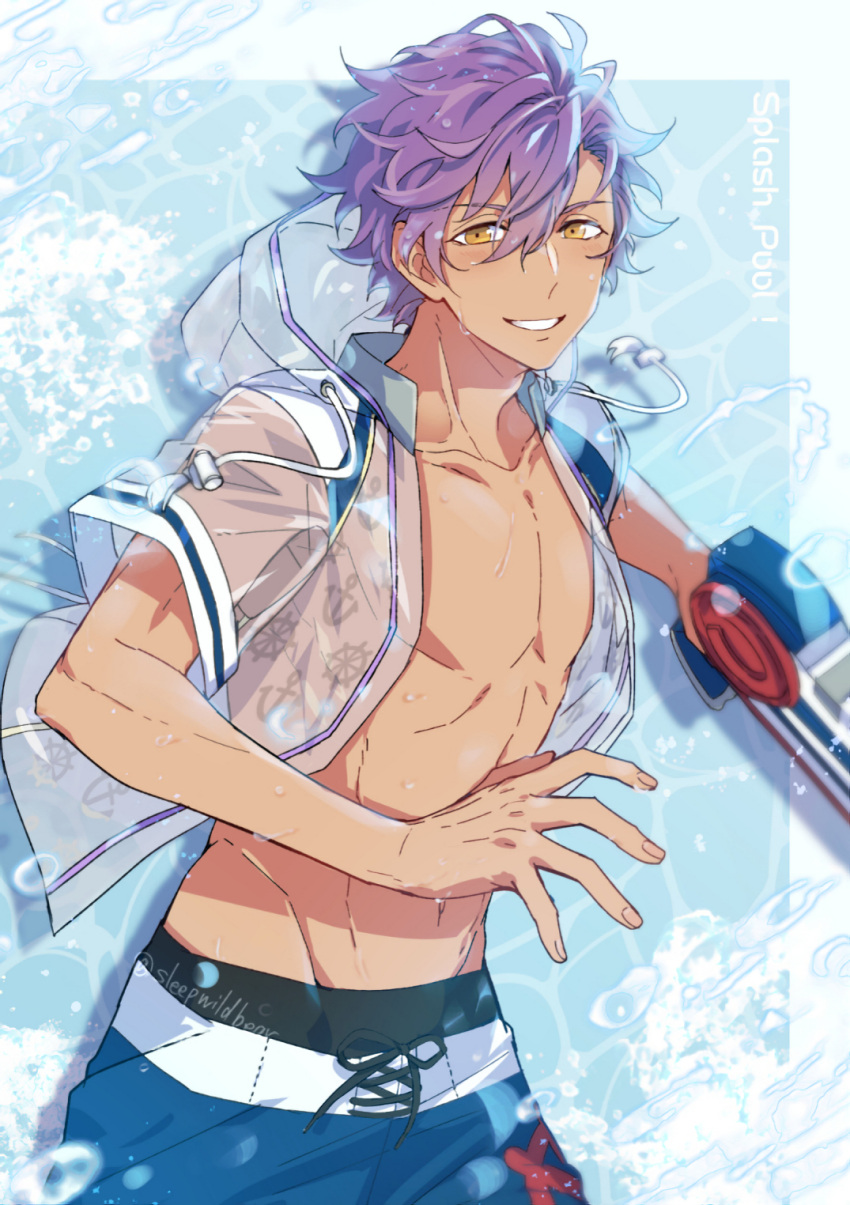 1boy artist_name blue_background blue_shorts blush collarbone commentary_request dark-skinned_male dark_skin drawstring ensemble_stars! fingernails hair_between_eyes highres holding holding_water_gun hood hood_down hoodie looking_at_viewer male_focus male_swimwear navel open_clothes open_hoodie otogari_adonis parted_bangs parted_lips purple_hair see-through see-through_hoodie short_hair short_sleeves shorts sidelocks simple_background sleepwildbear smile solo stomach swim_trunks teeth twitter_username two-tone_background water water_drop water_gun wet wet_hair white_background yellow_eyes