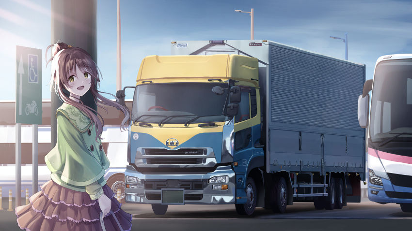 1girl :d absurdres arrow_(symbol) brown_eyes brown_hair brown_skirt bus commentary commission green_shirt highres idolmaster idolmaster_cinderella_girls lamppost long_hair long_sleeves motor_vehicle open_mouth outdoors png_pant_(bus) road_sign shadow shirt sign skeb_commission skirt smile solo takamori_aiko truck