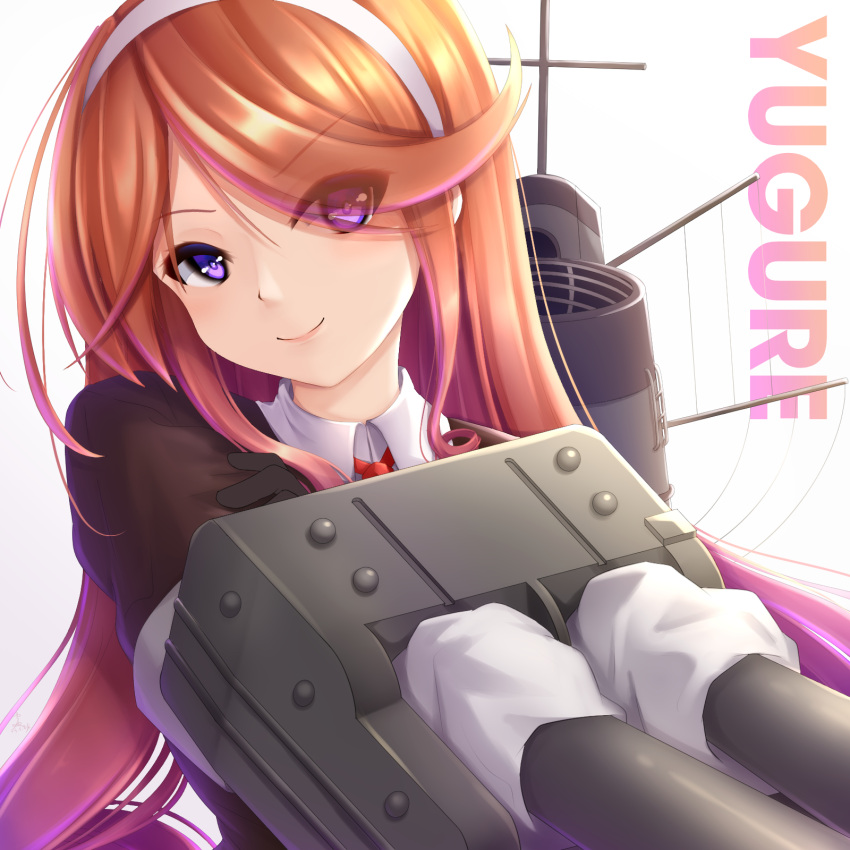 1girl adapted_turret asymmetrical_sidelocks black_gloves black_jacket blazer cannon character_name drill_hair gloves gradient_hair hairband highres jacket kantai_collection long_sleeves looking_at_viewer multicolored_hair necktie orange_hair purple_hair red_necktie rigging school_uniform seiya_(iiseven) side_drill smile smokestack solo violet_eyes white_hairband yuugure_(kancolle)