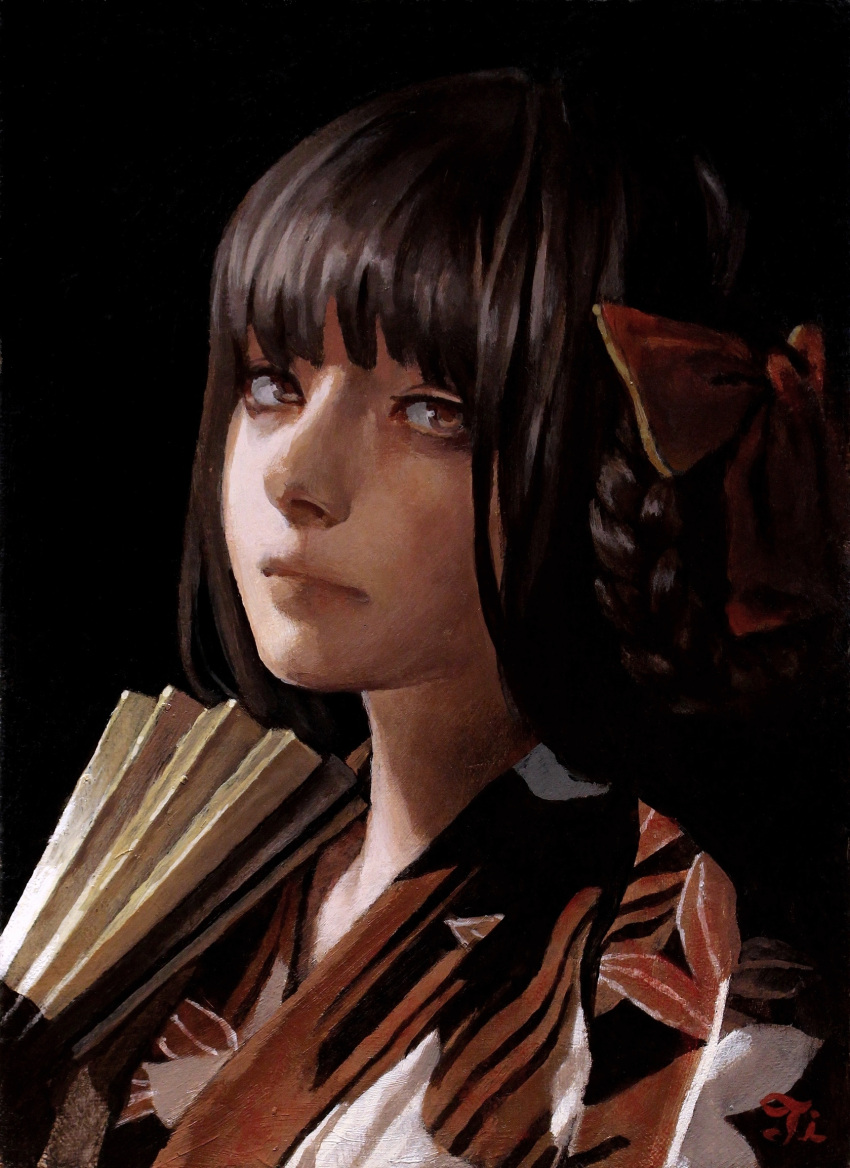 1girl black_background black_hair bow braid brown_eyes closed_mouth folding_fan from_side hair_bow hair_ribbon hand_fan highres holding holding_fan imai_takahiro japanese_clothes kimono long_hair looking_at_viewer original paper_fan portrait print_kimono realistic red_bow ribbon simple_background solo traditional_media yukata