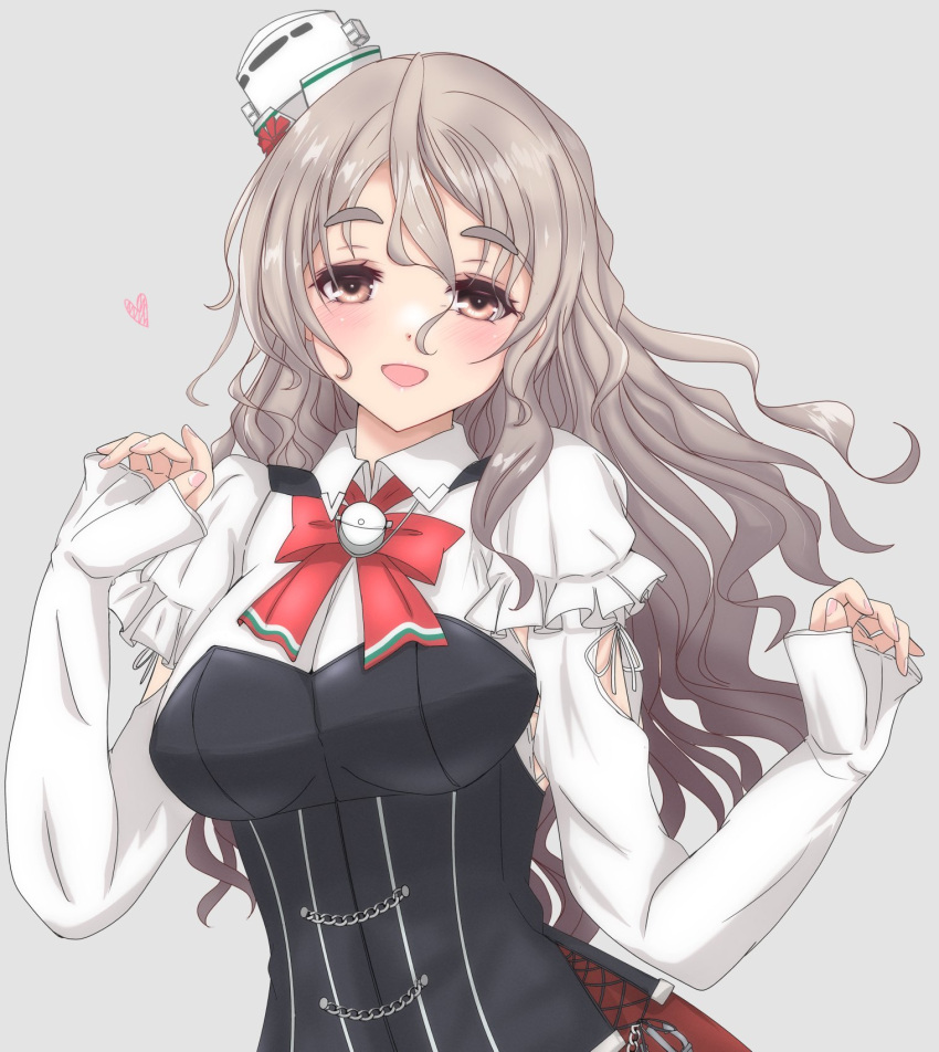 1girl blush breasts brown_eyes corset drunk gradient_background grey_background grey_hair hair_between_eyes hat heart highres kantai_collection large_breasts long_hair long_sleeves looking_at_viewer mini_hat nitamako_(sakamalh) open_mouth pola_(kancolle) shirt smile solo thick_eyebrows tilted_headwear wavy_hair white_shirt