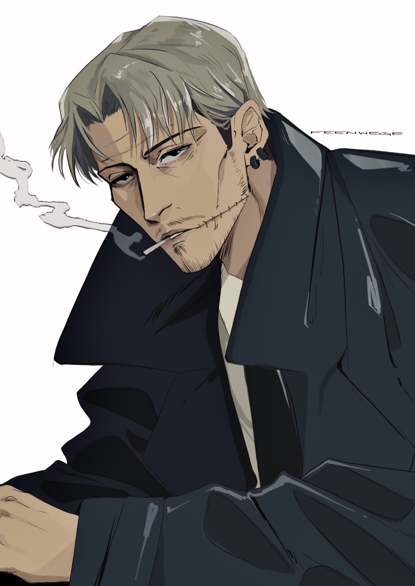 1boy artist_name black_coat black_necktie chainsaw_man cigarette coat collared_shirt curtained_hair ear_piercing facial_hair feenwege formal grey_hair highres kishibe_(chainsaw_man) looking_at_viewer necktie piercing shirt short_hair simple_background smoke smoking solo stitched_mouth stitches stubble suit undercut white_background white_shirt