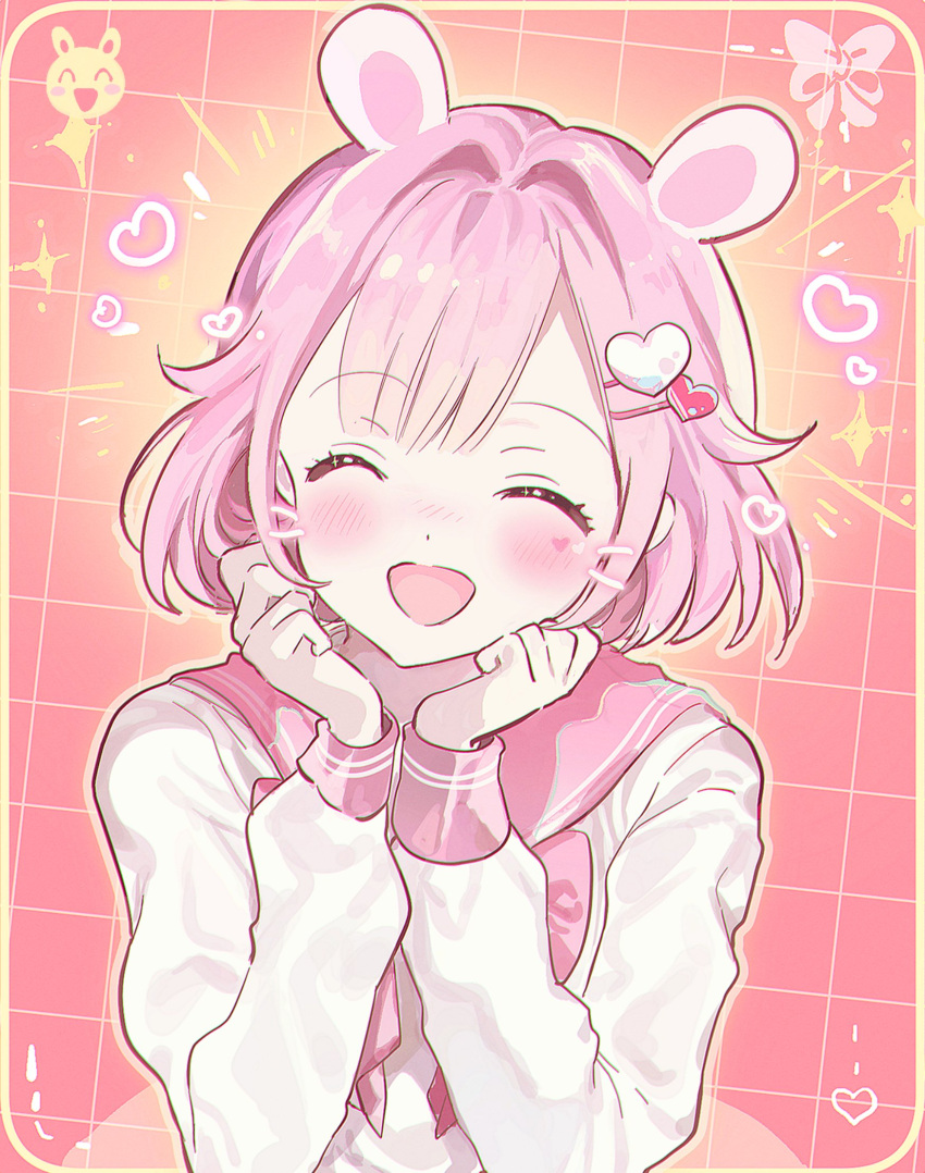 0202ase 1girl animal_ears blush bob_cut bow bowtie candy closed_eyes commentary food hair_ornament hairclip heart highres long_sleeves ootori_emu open_mouth pink_bow pink_bowtie pink_eyes pink_hair project_sekai rabbit_ears sailor_collar short_hair solo star_(symbol) upper_body