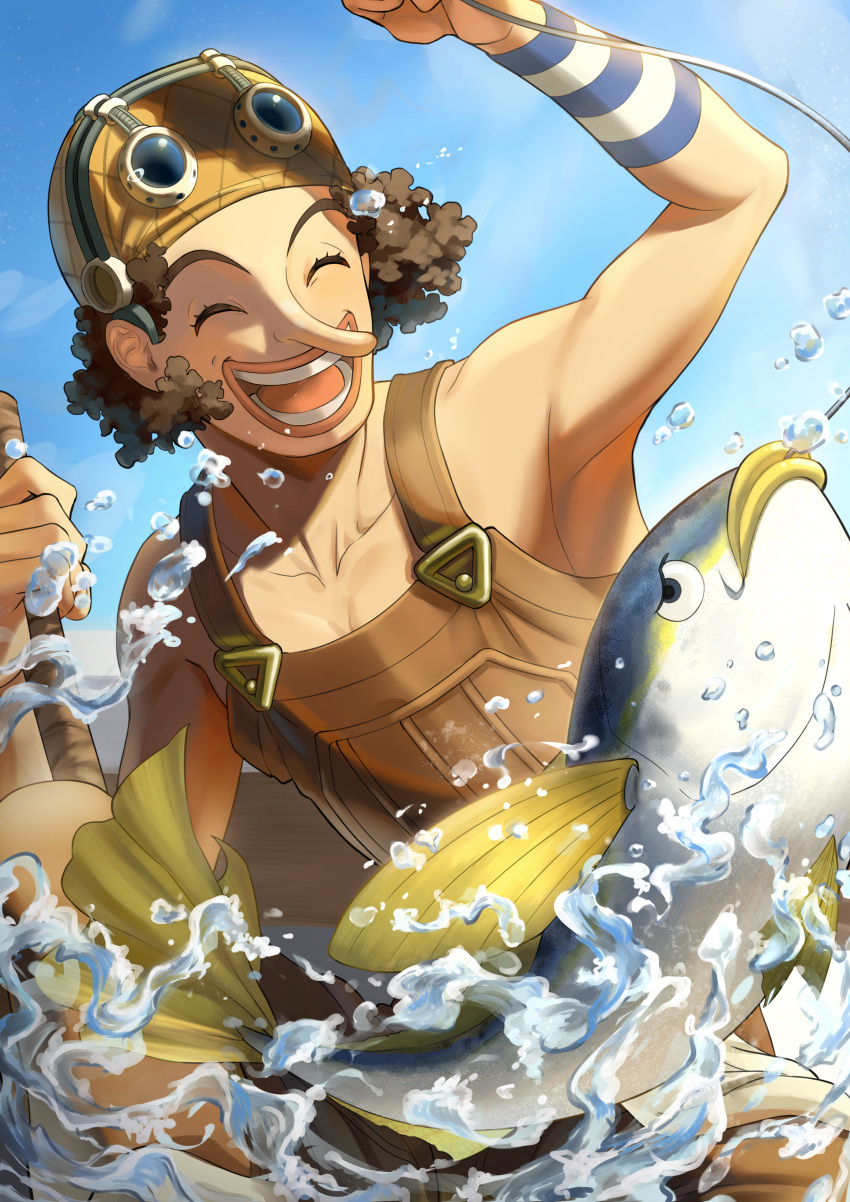 1boy ^_^ absurdres afro arm_up bare_shoulders black_hair blue_sky brown_headwear brown_overalls closed_eyes clouds collarbone commentary_request day eyelashes fish fishing fishing_line fishing_rod goggles goggles_on_headwear hand_up happy hat highres holding holding_fishing_rod laughing long_nose male_focus one_piece open_mouth outdoors overalls round_teeth short_hair sky smile solo teeth tongue usopp water water_drop yoshiyoshiwa