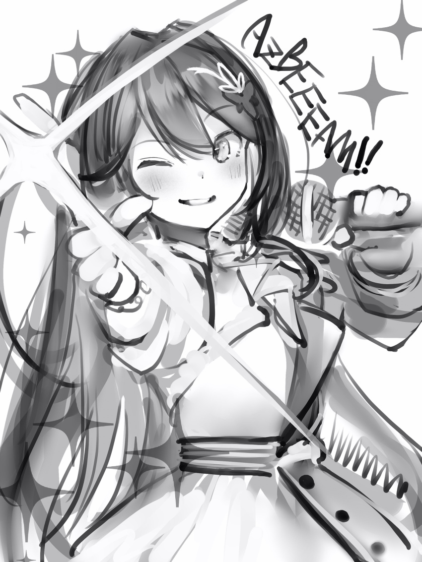 1girl ;) azki_(hololive) blush greyscale hair_between_eyes hair_ornament highres holding holding_microphone hololive long_hair looking_at_viewer microphone monochrome nanashi_(nlo) one_eye_closed pointing pointing_at_viewer simple_background sketch smile solo sparkle very_long_hair virtual_youtuber