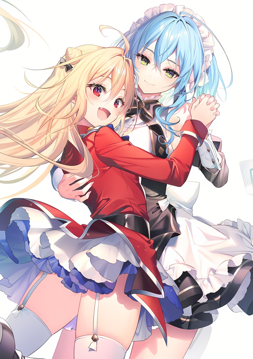 2girls absurdres blonde_hair blue_hair breasts fang green_eyes highres hikikomari_kyuuketsuki_no_monmon holding_hands huge_breasts long_hair looking_at_viewer maid md5_mismatch military military_uniform multiple_girls official_art open_mouth red_eyes resized resolution_mismatch riichu short_hair simple_background small_breasts smile source_smaller terakomari_gandezblood thigh-highs uniform upscaled villhaze yuri