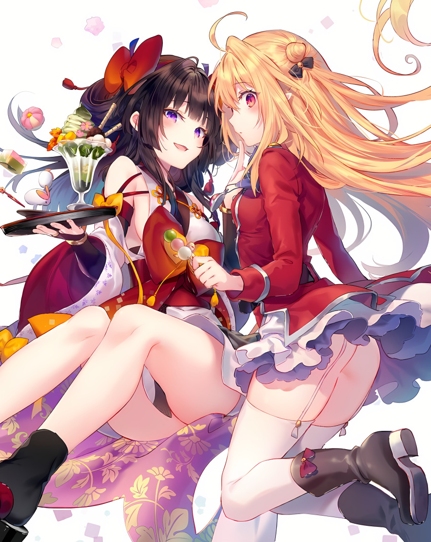 2girls absurdres ahoge amatsu_karla ass black_hair blonde_hair breasts dango food hair_ornament highres hikikomari_kyuuketsuki_no_monmon japanese_clothes long_hair looking_at_another looking_to_the_side md5_mismatch military military_uniform multiple_girls official_art open_mouth red_eyes resolution_mismatch ribbon riichu smile source_smaller terakomari_gandezblood thigh-highs thighs uniform violet_eyes wagashi