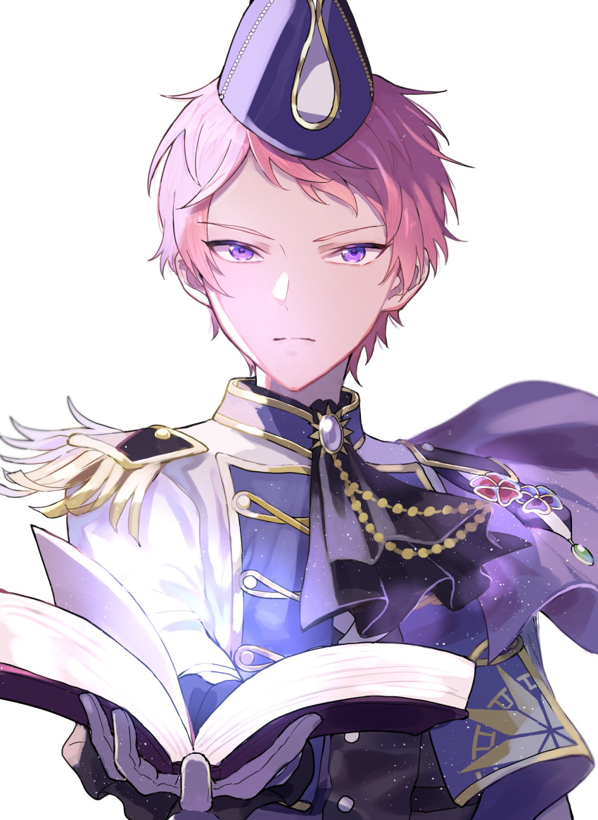 1boy ascot book buttons closed_mouth commentary ensemble_stars! epaulettes gloves hat highres holding holding_book itsuki_shu long_sleeves male_focus official_alternate_costume open_book pink_hair short_hair simple_background single_epaulette solo symbol-only_commentary upper_body violet_eyes wednesday_108 white_background white_gloves