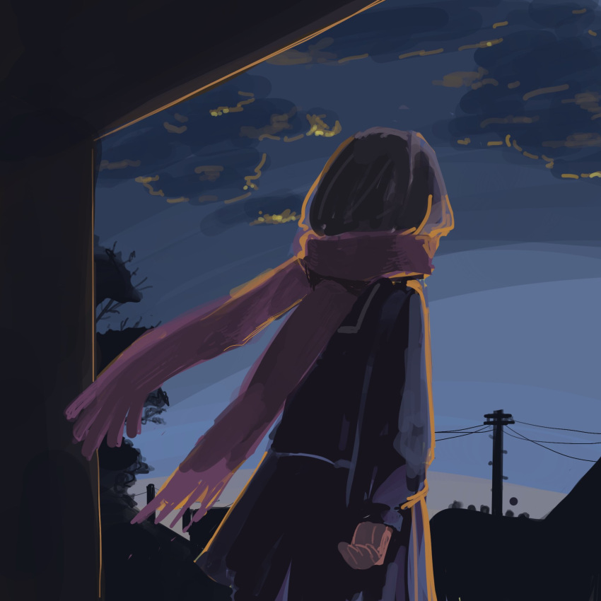 1girl arm_at_side backlighting black_sailor_collar black_serafuku black_skirt blue_sky brown_hair clouds commentary_request cowboy_shot dark enpera facing_away floating_scarf fringe_trim from_behind highres kagerou_project looking_afar multicolored_sky outdoors partial_commentary pleated_skirt power_lines red_scarf sailor_collar scarf school_uniform serafuku skirt sky solo tateyama_ayano tree twilight utility_pole wastegoma wind