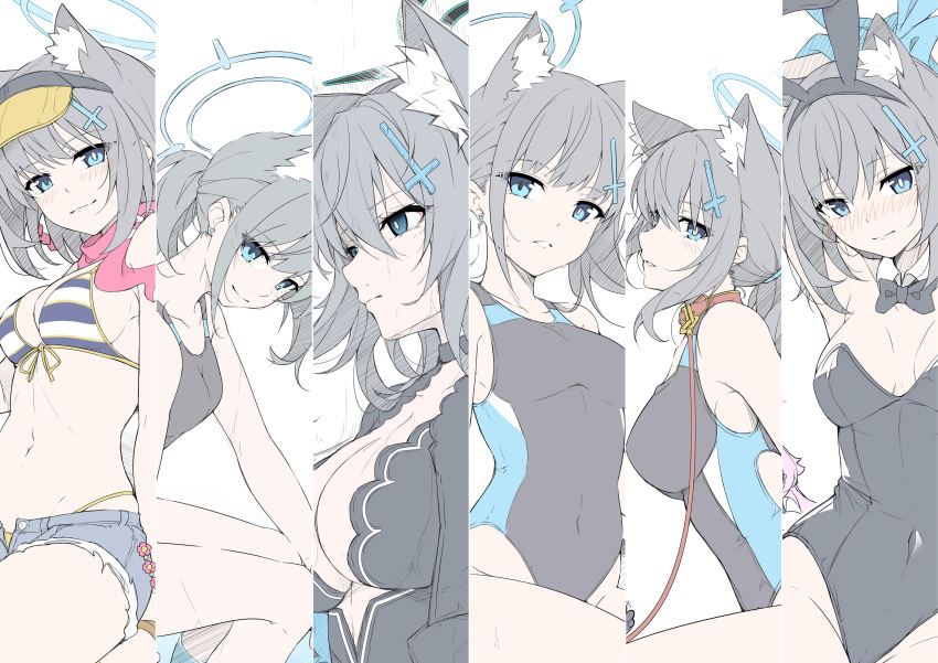 1girl absurdres alternate_costume animal_ears bare_shoulders blue_archive blue_eyes breasts competition_school_swimsuit grey_hair halo heterochromia highres izuna_(blue_archive) izuna_(swimsuit)_(blue_archive) masabodo medium_breasts medium_hair official_alternate_costume official_alternate_hairstyle playboy_bunny rabbit_ears school_swimsuit shiroko_(blue_archive) shiroko_(swimsuit)_(blue_archive) shiroko_(terror)_(blue_archive) swimsuit thighs wolf_ears