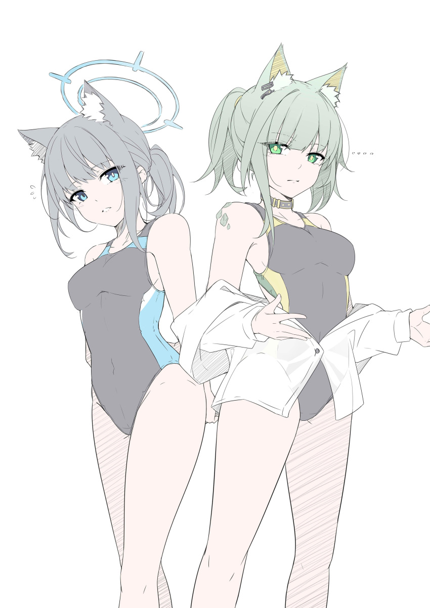... 2girls absurdres alternate_costume animal_ears arknights bad_id bad_twitter_id bare_shoulders black_collar black_one-piece_swimsuit blue_archive blue_eyes breasts bright_pupils cat_ears cat_girl collar commentary crossover dated_commentary earclip english_commentary extra_ears feet_out_of_frame flying_sweatdrops green_eyes green_hair grey_hair halo highres kal'tsit_(arknights) looking_at_viewer masabodo medium_breasts mismatched_pupils multiple_girls off_shoulder official_alternate_costume one-piece_swimsuit oripathy_lesion_(arknights) shiroko_(blue_archive) shiroko_(swimsuit)_(blue_archive) shirt short_hair short_ponytail simple_background swimsuit white_background white_pupils white_shirt wolf_ears