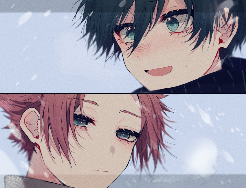 2boys black_hair black_scarf blue_background blue_eyes blue_lock brothers closed_mouth highres itoshi_rin itoshi_sae male_focus multiple_boys natsuneco_02 open_mouth portrait redhead scarf short_hair siblings smile split_screen
