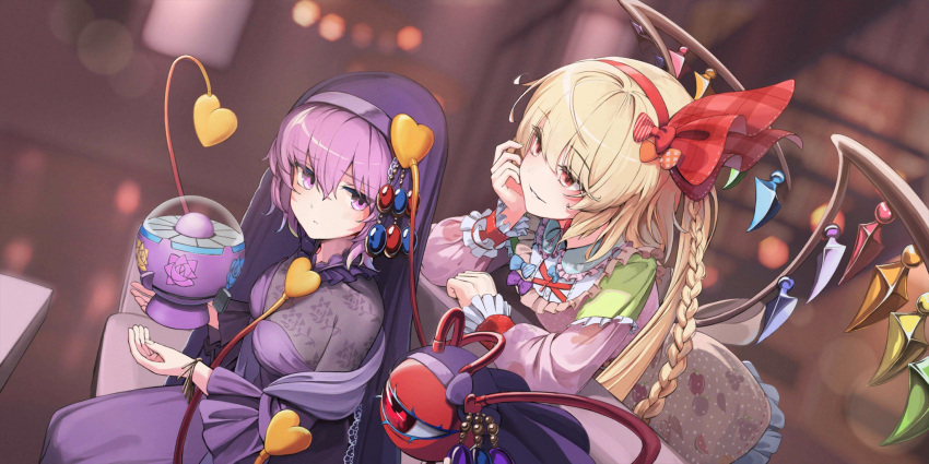2girls alternate_costume arm_support blonde_hair blue_bow blue_gemstone bow bow_hairband braid braided_ponytail crystal dress fingernails flandre_scarlet frilled_shirt_collar frilled_skirt frills gem hair_between_eyes hair_bow hair_ornament hairband head_rest heart heart_hair_ornament highres komeiji_satori long_hair long_sleeves looking_at_another mikisai multiple_girls non-web_source official_art orange_bow parted_lips pink_eyes pink_hair pink_shirt purple_bow purple_dress red_bow red_eyes red_gemstone red_hairband red_ribbon ribbon second-party_source shirt short_hair side_ponytail skirt smile touhou touhou_lost_word veil wings wrist_cuffs yellow_skirt
