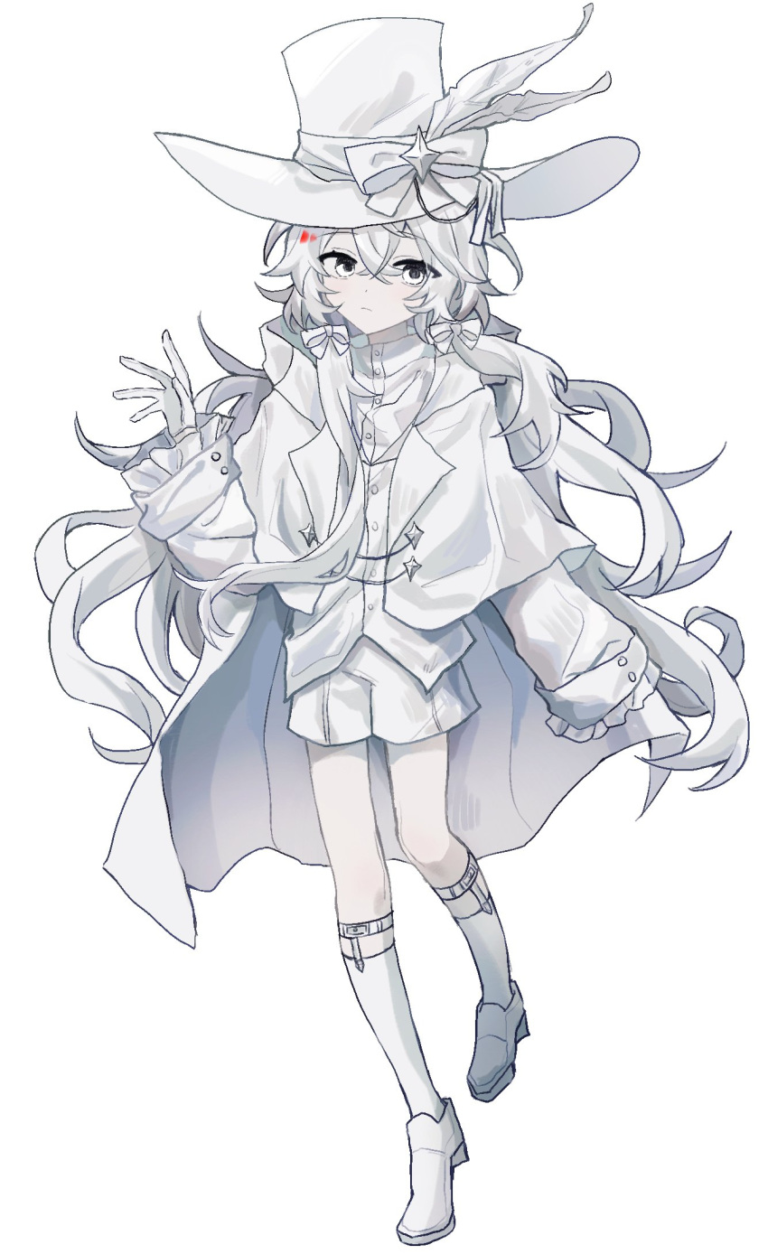 1girl alternate_costume charlotte_wiltshire charlotte_wiltshire_(q84) cloak closed_mouth gloves hat hello_charlotte highres hood hood_down long_hair long_sleeves low_twintails monaka78289685 pale_skin socks solo twintails wavy_hair white_background white_cloak white_eyes white_footwear white_gloves white_hair white_headwear white_socks