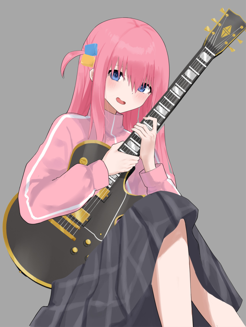 1girl blue_eyes blush bocchi_the_rock! commentary cube_hair_ornament electric_guitar english_commentary feet_out_of_frame gibson_les_paul gotou_hitori grey_background grey_skirt guitar hair_ornament hair_over_eyes hair_over_shoulder head_tilt highres holding holding_instrument instrument jacket knees_up long_hair looking_at_viewer nervous nervous_smile object_hug one_side_up open_mouth pink_hair pink_jacket plaid plaid_skirt pleated_skirt simple_background single_vertical_stripe sitting skirt smile track_jacket ulette