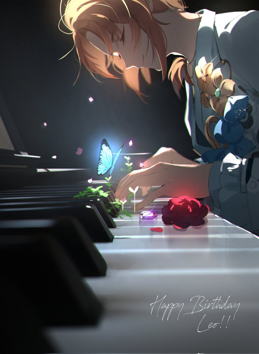 1boy black_background blue_butterfly blurry blurry_foreground boutonniere bug butterfly character_name closed_eyes closed_mouth collar_chain_(jewelry) commentary_request depth_of_field ensemble_stars! eyelashes flower frilled_sleeves frills gem glint glowing_butterfly hands_up happy_birthday highres instrument jacket kabi_haetenai long_sleeves male_focus music orange_hair parted_bangs perspective petals piano plant playing_instrument playing_piano purple_gemstone red_flower red_rose rose shirt short_hair sidelocks sitting smile solo tsukinaga_leo upper_body white_jacket white_shirt wide_sleeves