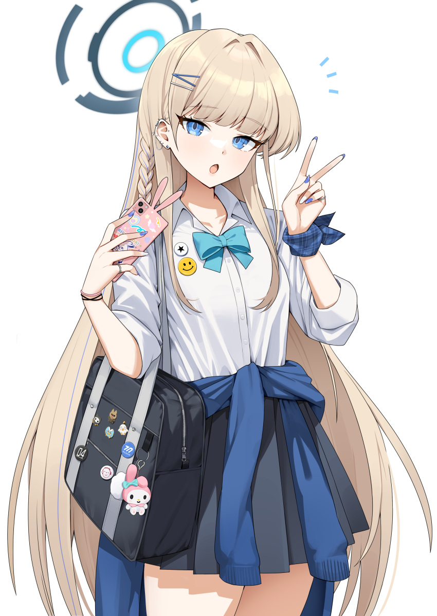 1girl :o absurdres aqua_bow aqua_bowtie arona's_sensei_doodle_(blue_archive) bag bag_charm black_skirt blonde_hair blue_archive blue_hair blunt_bangs bow bowtie bracelet braid breasts cardigan cardigan_around_waist charm_(object) clothes_around_waist fingernails gyaru hair_intakes halo highres holding holding_phone jewelry kogal long_hair looking_at_viewer mashilemo multicolored_hair my_melody nail_polish notice_lines onegai_my_melody open_collar open_mouth peroro_(blue_archive) phone school_bag school_uniform sensei_(blue_archive) shirt simple_background skirt sleeves_rolled_up small_breasts smiley_face solo streaked_hair toki_(blue_archive) v very_long_hair white_background white_shirt