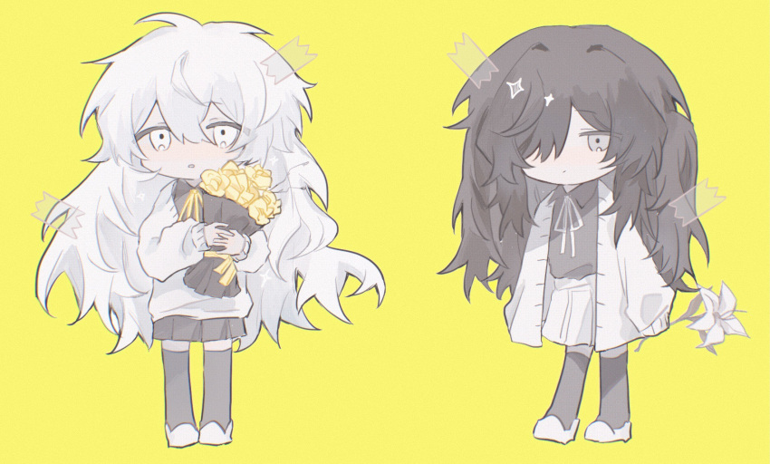 2girls black_hair black_shirt black_skirt black_thighhighs blush bouquet cardigan charlotte_wiltshire chibi closed_mouth flower full_body grey_cardigan grey_ribbon hair_over_one_eye hello_charlotte henrietta_warhol highres holding holding_bouquet loafers long_sleeves monaka78289685 multiple_girls neck_ribbon one_eye_covered open_mouth ribbon shirt shoes skirt sweater thigh-highs white_eyes white_hair white_shirt white_skirt white_sweater yellow_background yellow_flower yellow_ribbon