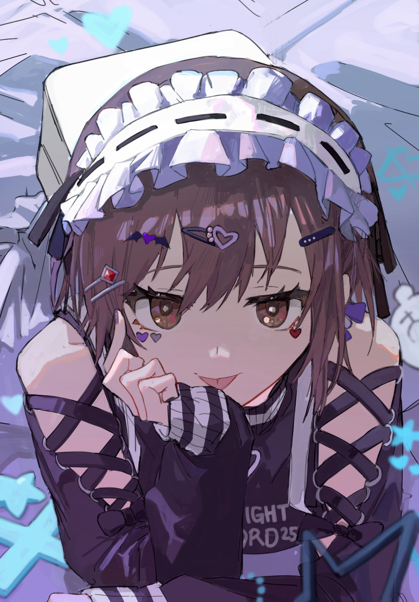 1girl absurdres backpack bag bow bow_earrings brown_eyes brown_hair clothing_cutout cross-laced_clothes cross-laced_sleeves earrings hair_ornament hairband hairclip head_rest heart heart_hair_ornament highres jewelry kurattes lolita_hairband long_sleeves looking_at_viewer lying negai_wa_itsuka_asa_o_koete_(project_sekai) on_stomach project_sekai purple_sweater shinonome_ena short_hair shoulder_cutout skirt solo sweater tongue tongue_out white_bag white_skirt
