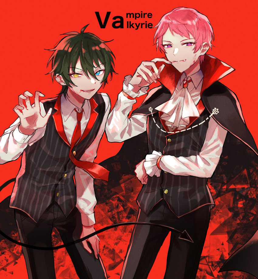 2boys aqua_eyes ascot black_pants buttons cape closed_mouth collared_shirt commentary_request demon_tail ensemble_stars! fang fingernails flood green_hair hair_between_eyes hetero high_collar highres itsuki_shu kagehira_mika lapels long_sleeves male_focus multiple_boys necktie open_mouth pants pink_hair red_background red_necktie shirt short_hair tail valkyrie_(ensemble_stars!) vest violet_eyes wednesday_108 white_shirt yellow_eyes