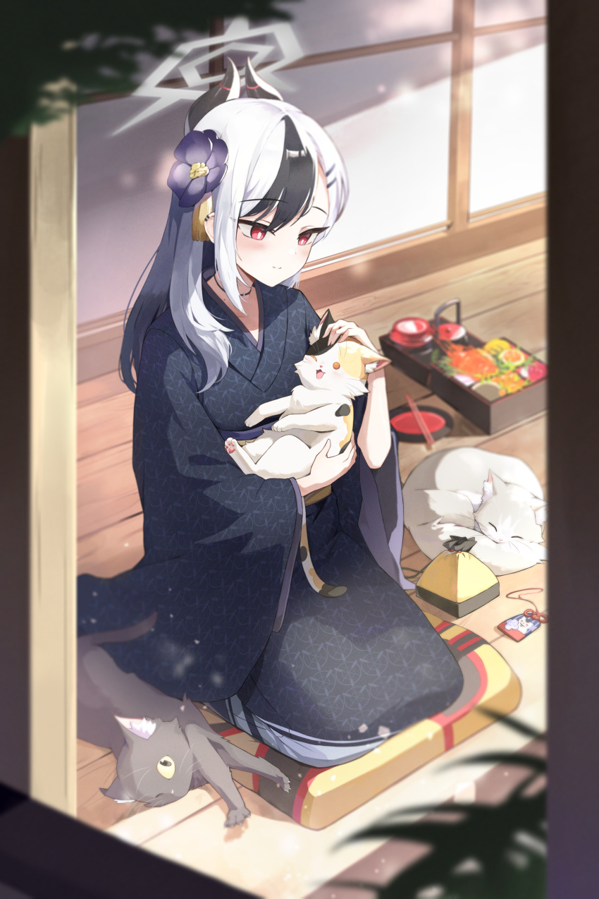 1girl absurdres black_hair blue_archive cat flower hair_flower hair_ornament halo highres japanese_clothes kayoko_(blue_archive) kayoko_(new_year)_(blue_archive) kimono looking_at_viewer official_alternate_costume red_eyes same_(samefgo) solo white_hair