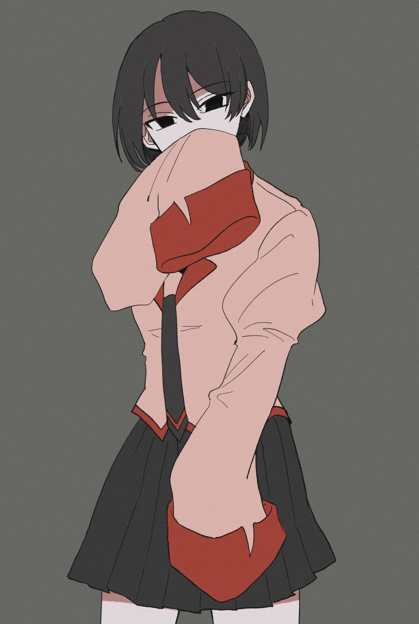 1girl black_eyes black_hair buraisu12 covering_mouth grey_background hair_between_eyes highres loose_clothes monogatari_(series) naoetsu_high_school_uniform necktie oshino_ougi owarimonogatari pink_skirt pleated_skirt school_uniform short_hair skirt sleeves_past_fingers sleeves_past_wrists solo wide_sleeves