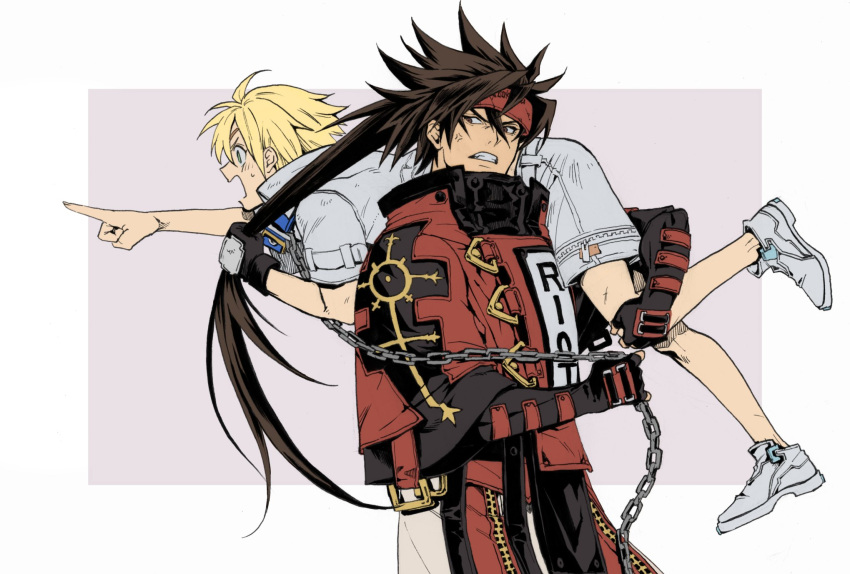 2boys aged_down anger_vein blonde_hair blue_eyes brown_hair fingerless_gloves forehead_protector gloves grandfather_and_grandson guilty_gear guilty_gear_2 headband highres lamp9229 long_hair long_sleeves male_focus multiple_boys muscular muscular_male open_mouth ponytail red_eyes short_hair sin_kiske smile sol_badguy spiky_hair