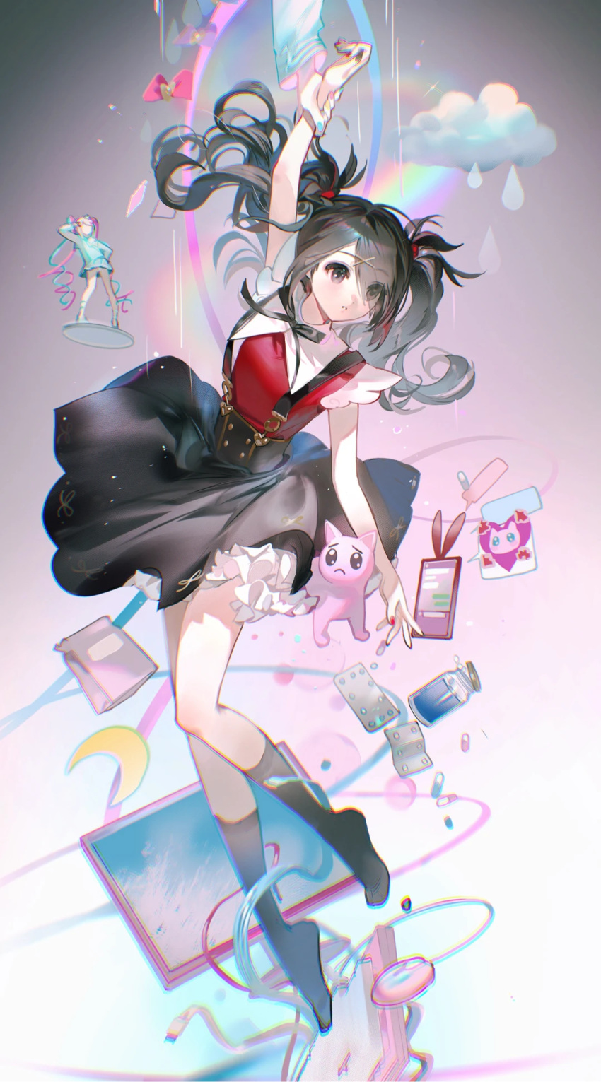 2girls ame-chan_(needy_girl_overdose) black_eyes black_hair black_ribbon black_skirt black_socks cable cat cellphone chouzetsusaikawa_tenshi-chan chromatic_aberration double_helix emoji figure frilled_skirt frills full_body gathers grey_background hair_ornament hair_over_one_eye highres holding_another's_wrist kneehighs layered_skirt long_hair looking_ahead monitor mouse_(computer) multicolored_nails multiple_girls neck_ribbon needy_girl_overdose no_shoes out_of_frame parted_lips phone pill pill_bottle pleading_face_emoji rainbow raincloud red_shirt ribbon rumoon shirt shirt_tucked_in short_sleeves skirt smartphone socks solo_focus sparkle suspender_skirt suspenders twintails underbust wind wind_lift x_hair_ornament