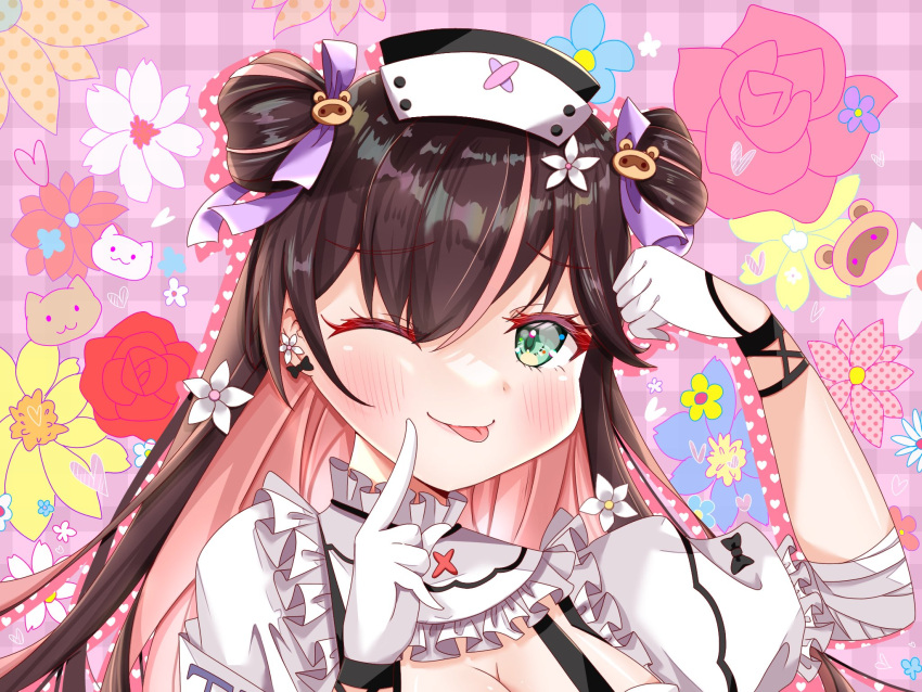 1girl ;p blush brown_hair dasono777 earrings finger_to_own_chin floral_background flower_earrings gloves green_eyes hair_ornament hanamori_healthy hat highres jewelry long_hair looking_at_viewer nurse nurse_cap one_eye_closed raccoon_hair_ornament smile tongue tongue_out white_gloves