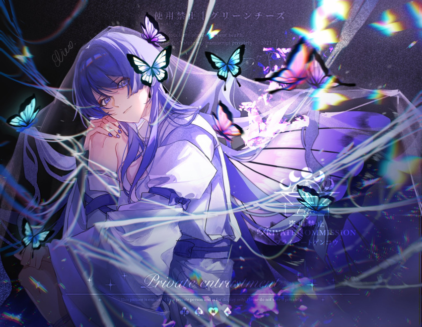 1boy bishounen blue_butterfly blunt_ends bug butterfly chromatic_aberration elico79068549 genshin_impact hair_between_eyes highres japanese_clothes long_hair long_sleeves male_focus motion_blur pink_butterfly purple_hair scaramouche_(genshin_impact) scaramouche_(kabukimono)_(genshin_impact) solo violet_eyes wide_sleeves