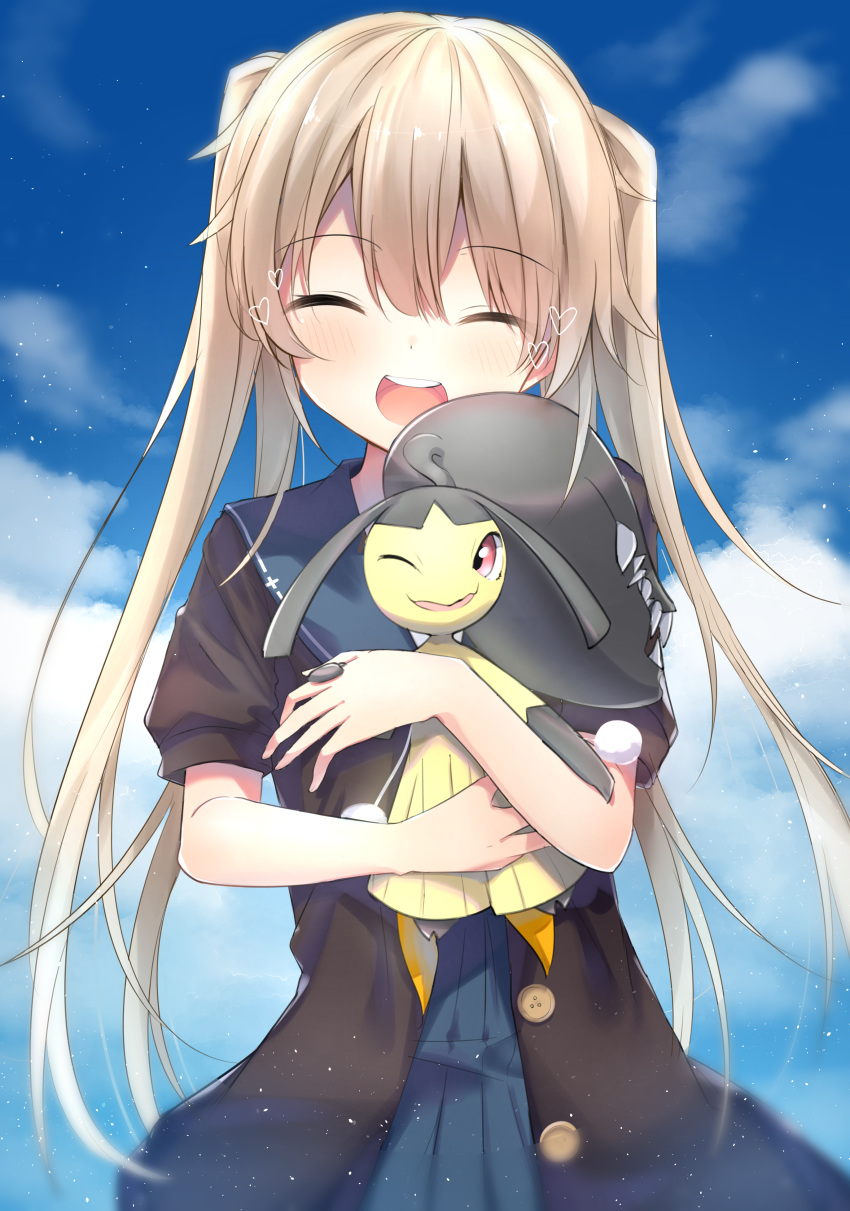 1girl :d ^_^ absurdres ao_no_kanata_no_four_rhythm arisaka_mashiro black_shirt blue_sailor_collar blue_sky blush closed_eyes clouds commentary_request crossover day double-parted_bangs facing_viewer hair_between_eyes heart highres holding holding_pokemon hug kawa_takatoshi light_brown_hair light_particles long_hair mawile one_eye_closed open_mouth pokemon pokemon_(creature) sailor_collar school_uniform shirt short_sleeves sky smile solo_focus standing twintails upper_body very_long_hair