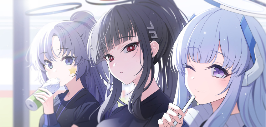 3girls absurdres black_hair black_shirt blue_archive blush bottle drinking drinking_straw grey_hair hair_ornament hairclip halo highres holding holding_bottle jacket long_hair looking_at_viewer multiple_girls noa_(blue_archive) official_alternate_costume one_eye_closed ponytail purple_hair red_eyes rio_(blue_archive) shirt sidelocks smile sticker_on_face track_jacket violet_eyes white_jacket yuki_(asayuki101) yuuka_(blue_archive) yuuka_(track)_(blue_archive)