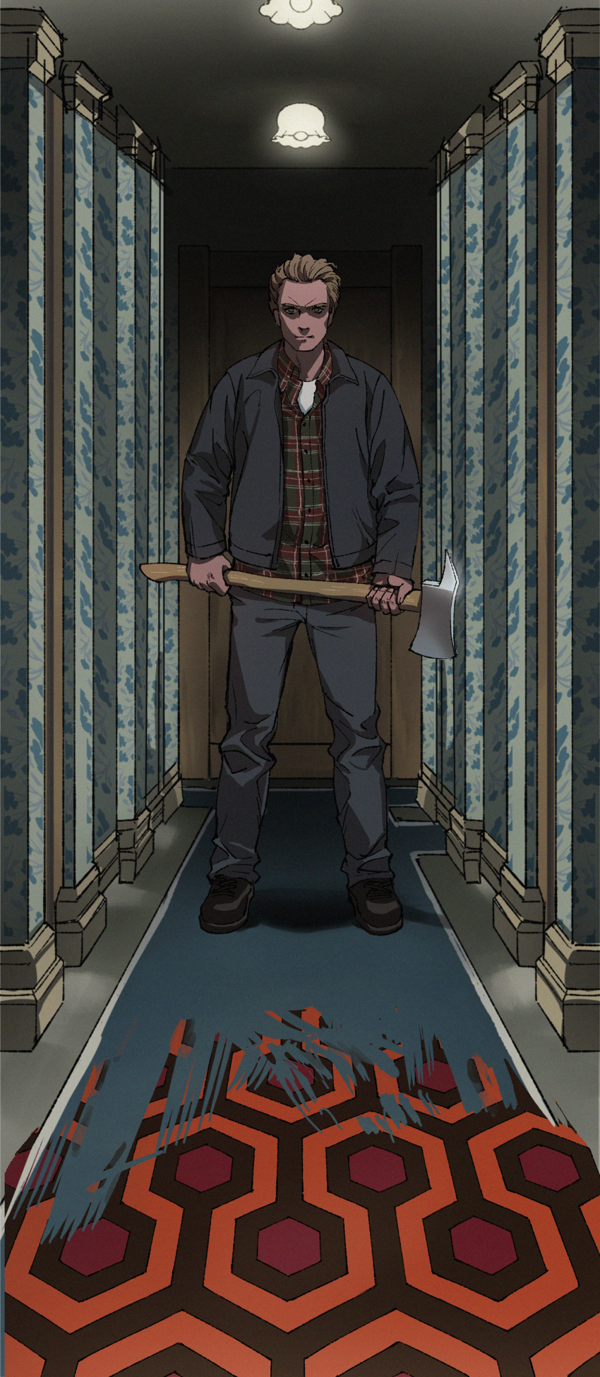 1boy absurdres axe black_jacket black_pants brown_footwear brown_hair doorway glowing hallway highres holding holding_axe jack_torrance jacket jose_(tkd-yk) lights male_focus pants plaid plaid_skirt shirt short_hair skirt solo the_shining undershirt wallpaper_(object) white_shirt