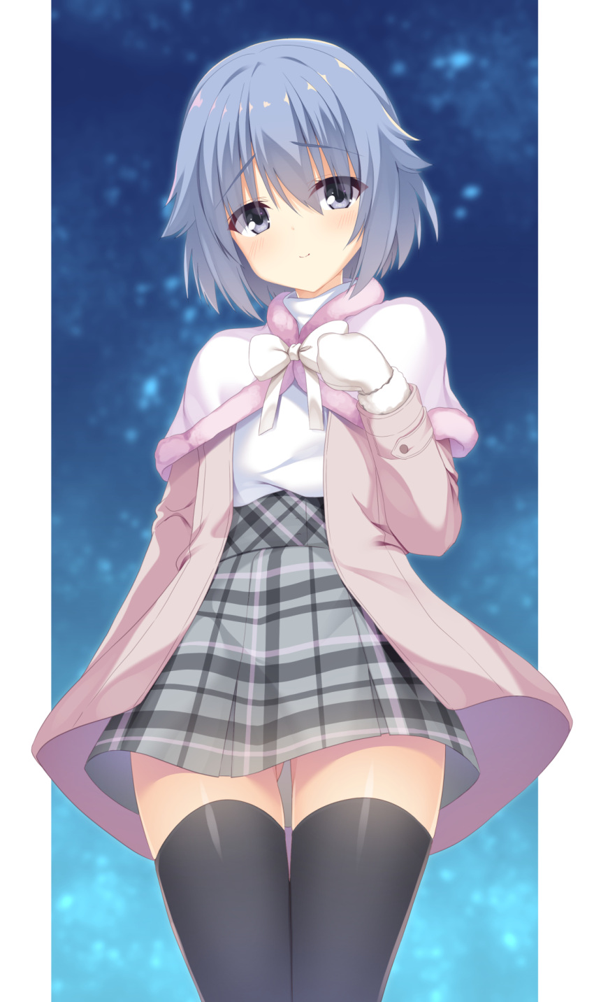 1boy aria. ass_visible_through_thighs black_thighhighs blue_background blue_hair blush bow capelet casual closed_mouth coat commentary cowboy_shot double-parted_bangs fur-trimmed_capelet fur_trim furrowed_brow gloves grey_eyes grey_skirt hair_between_eyes highres long_sleeves looking_at_viewer miniskirt otoko_no_ko pink_coat plaid plaid_skirt riddle_joker shirt short_hair simple_background skirt smile snowing standing suou_kyouhei thigh-highs thigh_gap thighs white_bow white_capelet white_gloves white_shirt winter zettai_ryouiki