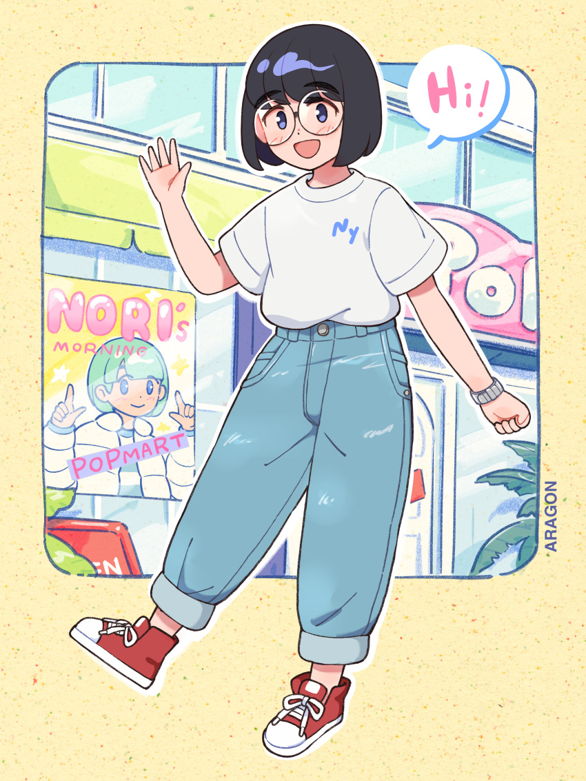1girl 49s-aragon absurdres black_hair blunt_bangs blush denim english_text glasses highres jeans looking_at_viewer open_mouth original pants red_footwear round_eyewear shirt shoes short_hair short_sleeves smile sneakers solo speech_bubble violet_eyes watch watch white_shirt