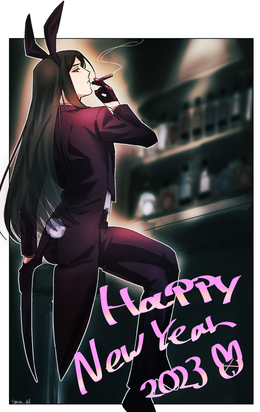 1boy 2023 absurdres animal_ears bar_(place) bar_stool black_gloves black_hair black_pants black_suit brown_eyes cigar fake_animal_ears fake_tail fate/grand_order fate_(series) formal from_behind gloves happy_new_year highres holding holding_cigar long_hair looking_at_viewer lord_el-melloi_ii male_focus pants profile rabbit_ears rabbit_tail shababuru signature sitting smoking solo stool suit tail waver_velvet