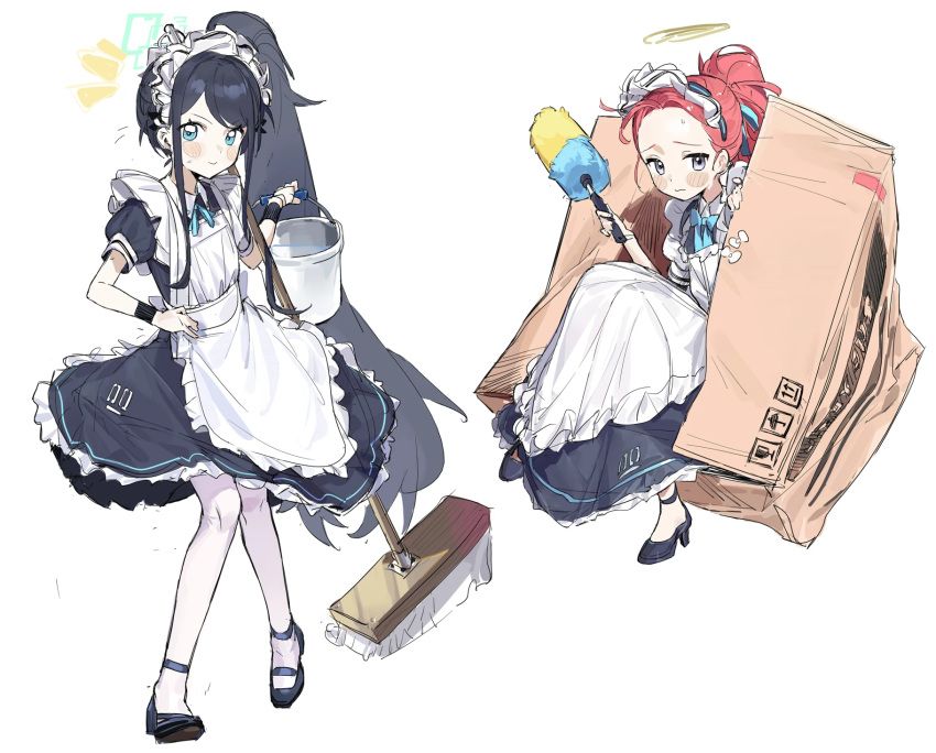 2girls apron aris_(blue_archive) aris_(maid)_(blue_archive) black_dress black_eyes black_footwear black_hair blue_archive blue_eyes blush_stickers bow bowtie box broom bucket cardboard_box closed_mouth collared_dress dress duster frown full_body gohanduck halo hand_on_own_hip highres holding holding_bucket holding_duster in_box in_container long_hair looking_at_viewer maid_apron maid_headdress multiple_girls neck_ribbon notice_lines pantyhose ponytail puffy_short_sleeves puffy_sleeves redhead ribbon short_sleeves side_ponytail sitting smile standing strappy_heels sweatdrop very_long_hair white_background white_pantyhose wristband yuzu_(blue_archive) yuzu_(maid)_(blue_archive)