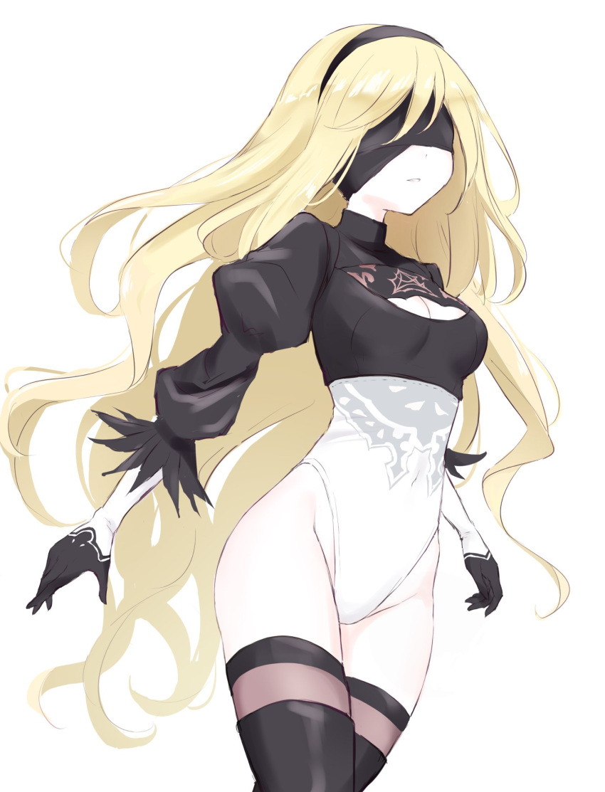 1girl black_blindfold black_gloves black_headband black_thighhighs blindfold blonde_hair breasts cleavage_cutout clothing_cutout commentary cosplay cowboy_shot crossover expressionless gloves headband highleg highleg_leotard highres juliet_sleeves kkr_rkgk lace_trim leotard long_hair long_sleeves othinus puffy_sleeves small_breasts solo thigh-highs toaru_majutsu_no_index two-tone_leotard very_long_hair wavy_hair white_background yorha_no._2_type_b yorha_no._2_type_b_(cosplay)