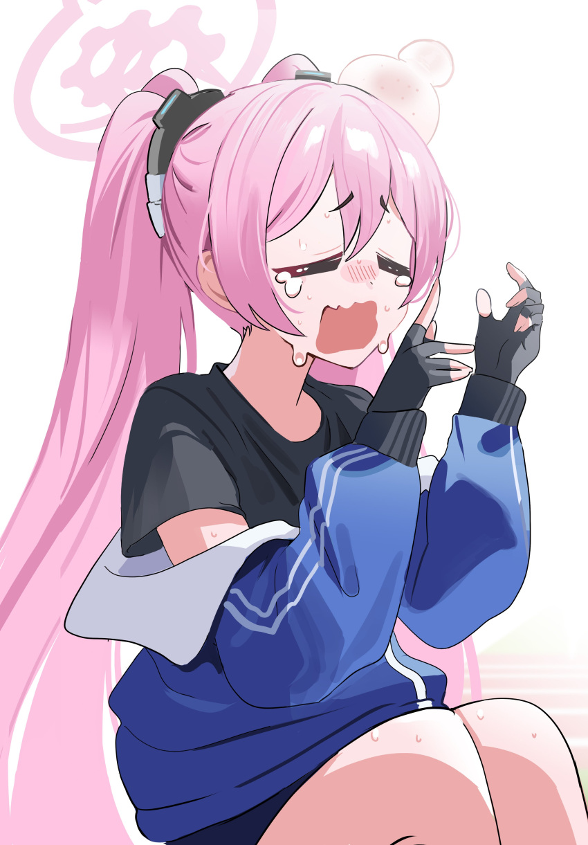 1girl =_= absurdres black_shirt blue_archive blue_jacket closed_eyes clothes_down commentary fang fingerless_gloves gloves gym_shirt gym_uniform halo head_bump highres jacket koyuki_(blue_archive) long_hair open_mouth pink_hair shirt skin_fang solo sweatdrop symbol-only_commentary tears track_jacket twintails very_long_hair wavy_mouth yuki_(asayuki101)