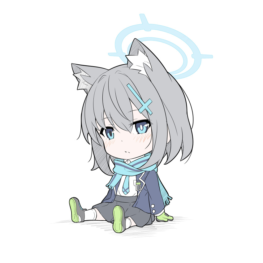 1girl absurdres animal_ear_fluff blue_archive blue_eyes blue_halo blue_scarf blush bright_pupils chibi closed_mouth cross_hair_ornament full_body grey_hair hair_ornament halo highres looking_at_viewer masabodo scarf shiroko_(blue_archive) short_hair simple_background sitting solo white_background white_pupils
