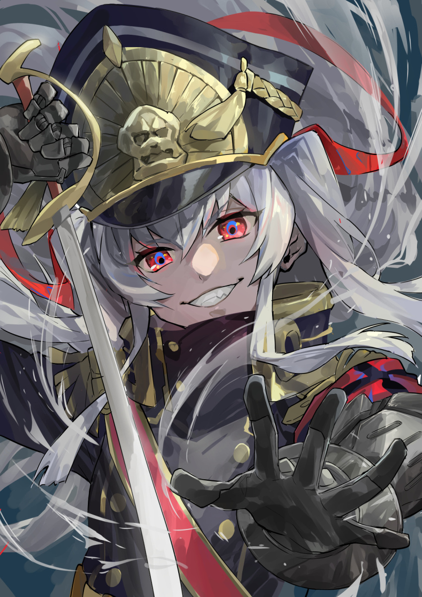 1girl altair_(re:creators) arm_up black_gloves black_headwear black_jacket commentary commission english_commentary epaulettes gauntlets gloves grey_hair grin hair_between_eyes hat high_collar highres himukai_aoi holding holding_sword holding_weapon jacket long_hair looking_at_viewer metal_gloves military military_hat military_jacket military_uniform mixed-language_commentary open_hand pixiv_commission re:creators red_eyes saber_(weapon) shako_cap smile solo sword uniform upper_body very_long_hair weapon