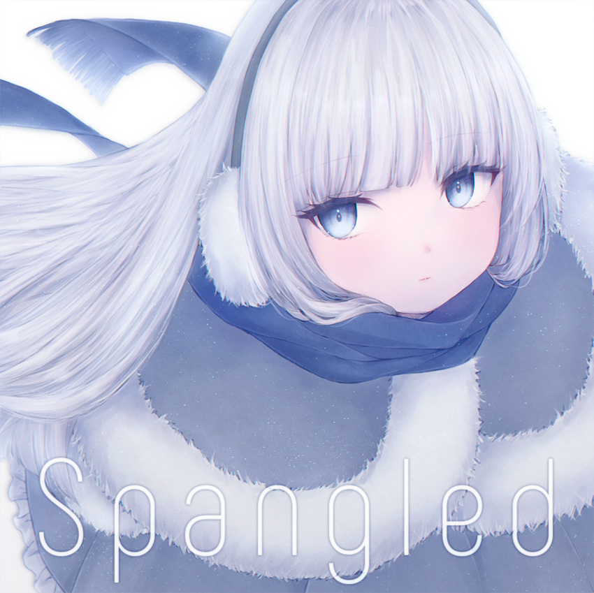 1girl bebitera black_scarf blue_eyes blunt_bangs capelet closed_mouth earmuffs fur-trimmed_capelet fur_trim grey_capelet grey_hair highres looking_at_viewer original scarf simple_background solo upper_body white_background